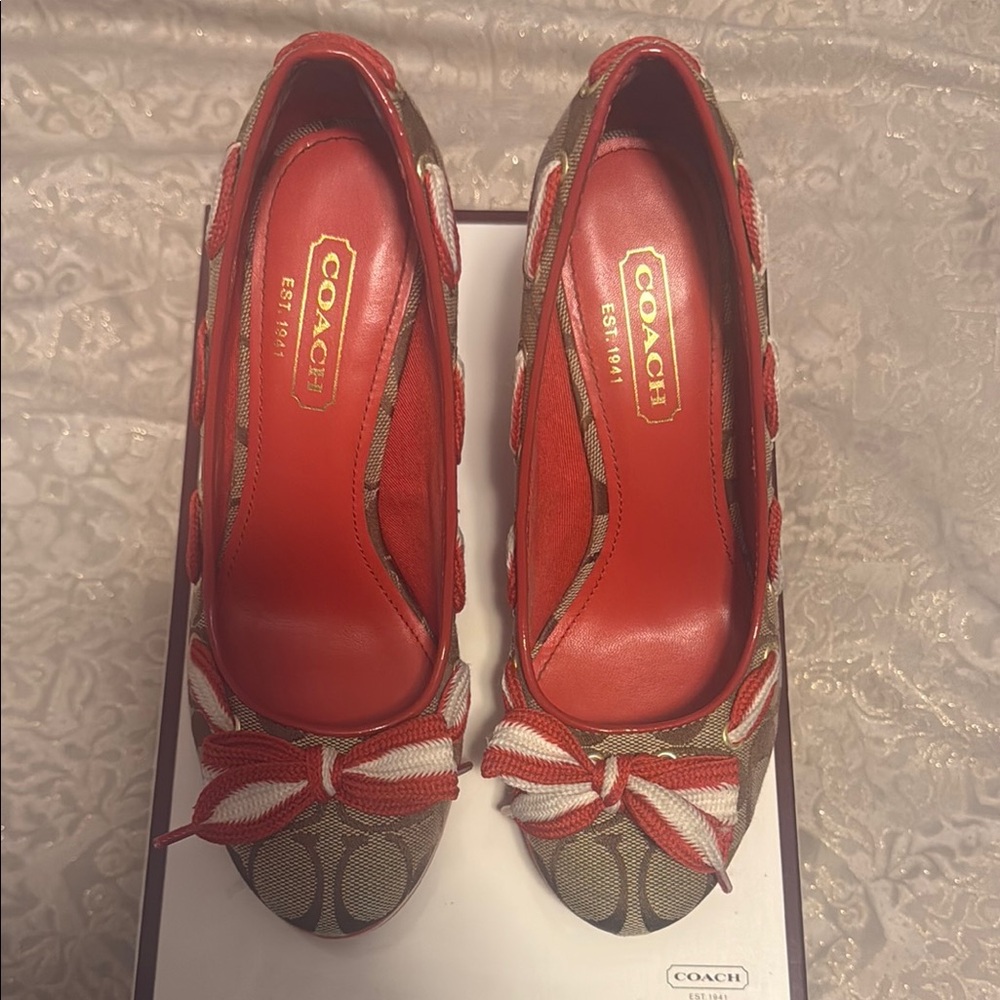 Coach Red and Brown Signature Heels with Bow Accents
